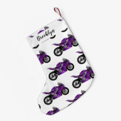 紫のスポーツバイクの漫画 スモールクリスマスストッキング (裏面 (吊り時))