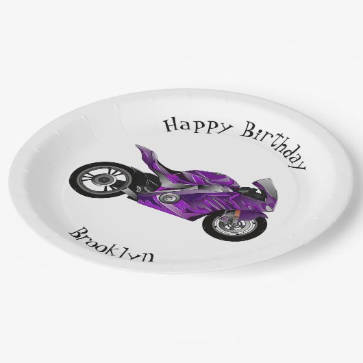 紫のスポーツバイクの漫画 ペーパープレート (アングル)