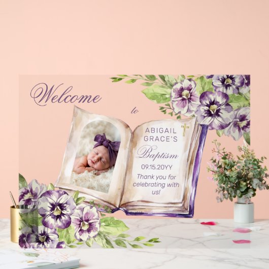 紫のスミレのアーチ写真ユニーク洗礼 アクリルサイン (ウェディング)