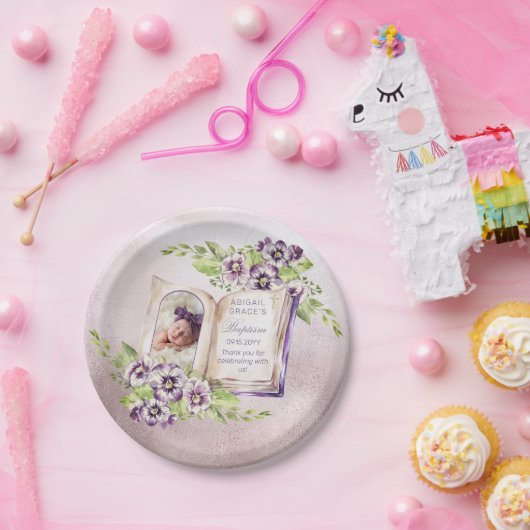 紫のスミレのアーチ写真ユニーク洗礼 ペーパープレート (パーティー)