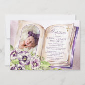紫のスミレのアーチ写真ユニーク洗礼 招待状 (正面)
