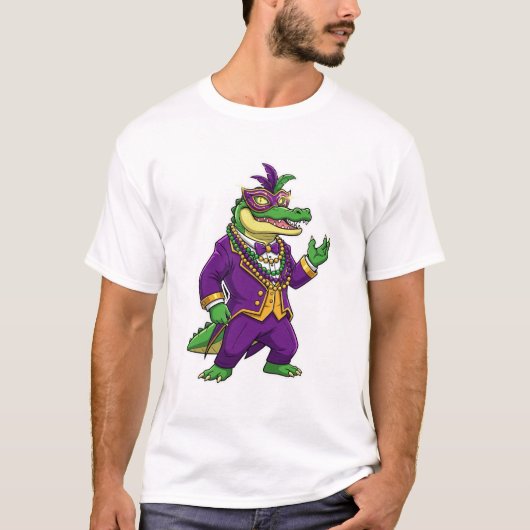 紫のスーツとマスクのマルディグラスのワニの王様 Tシャツ (正面)