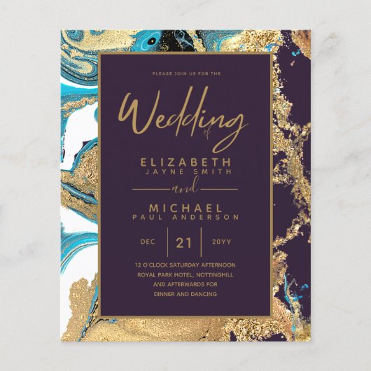 紫のターコイズ金ゴールド瑪瑙の予算結婚式の招待 (正面)