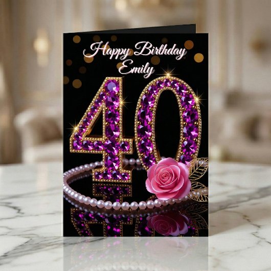紫のダイヤモンドとパールのバラの華やか40歳の誕生日 カード