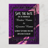 紫のダマスクと黒の日付を保存 案内ポストカード (正面)