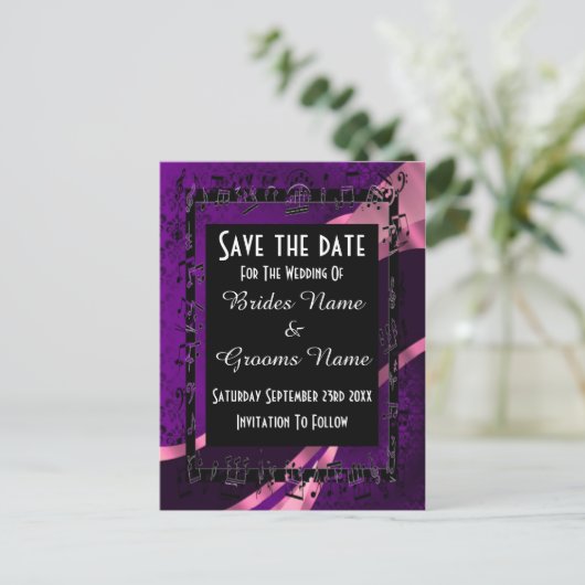 紫のダマスクと黒の日付を保存 案内ポストカード (スタンド正面)