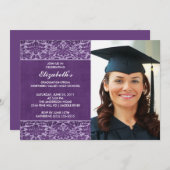 紫のダマスクの卒業招待状と写真 招待状 (正面/裏面)