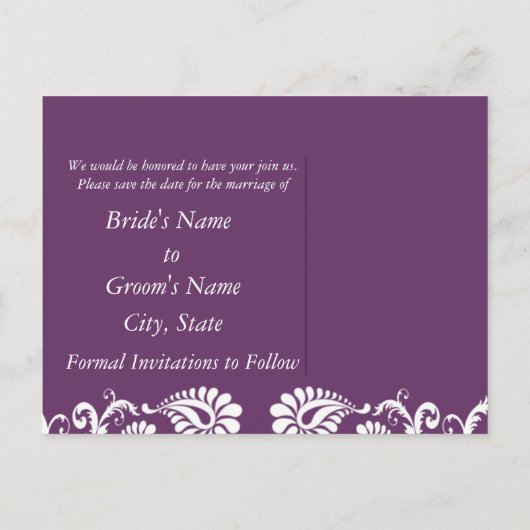 紫のダマスク日付を保存 案内ポストカード (裏面)