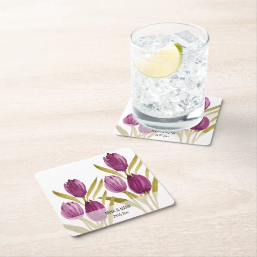 紫のチューリップエレガントの水色 スクエアペーパーコースター (インサイチュ)