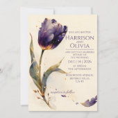 紫のチューリップ 水彩フラワー エレガントな結婚式の招待状 招待状 (正面)