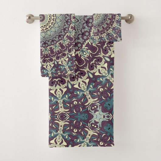 紫のティール(緑がかった色)とクリームマンダラパターン バスタオルセット (インサイチュ)