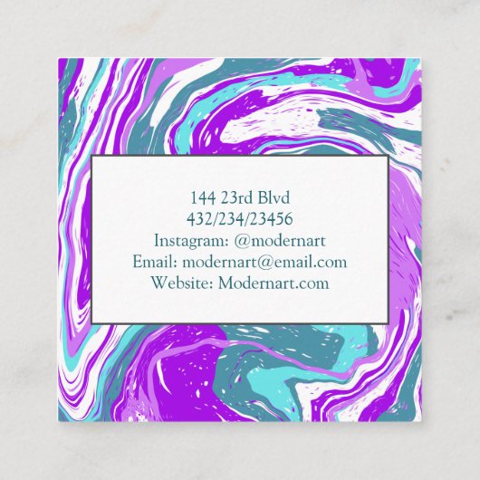 紫のティール(緑がかった色)と白い大理石の渦巻き スクエア名刺 (裏面)