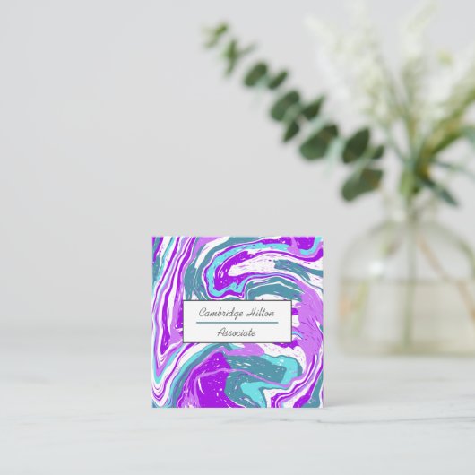 紫のティール(緑がかった色)と白い大理石の渦巻き スクエア名刺 (スタンド正面)