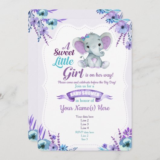 紫のティール（緑がかった色）の女の子の象の招待ベビーシャワー 招待状 (正面/裏面)