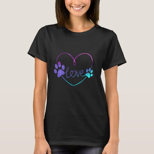 紫のティール（緑がかった色）シアン犬の足の印刷ハート愛のために犬 Tシャツ (正面)