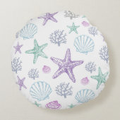 紫のティール（緑がかった色）シーシェルスターフィッシュコースタルシェル ラウンドクッション (裏面)