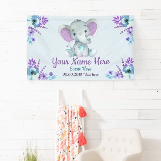 紫のティール（緑がかった色）ゾウの背景（男の子または女の子） 横断幕 (インサイチュ)