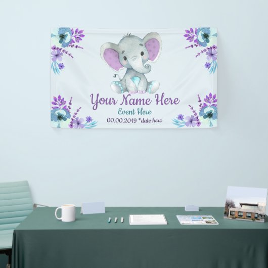 紫のティール（緑がかった色）ゾウの背景（男の子または女の子） 横断幕 (トレードショー)