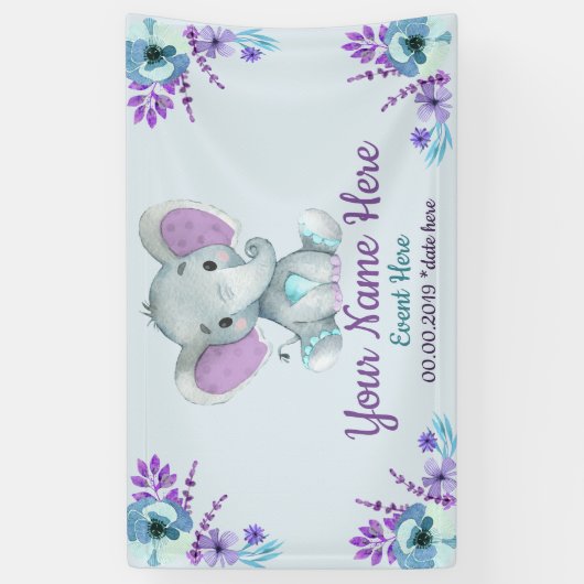 紫のティール（緑がかった色）ゾウの背景（男の子または女の子） 横断幕 (縦)