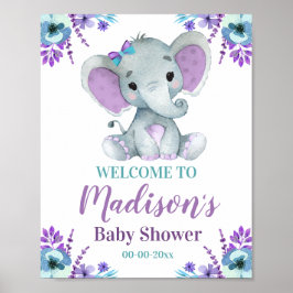 紫のティール（緑がかった色）ゾウ歓迎サイン、女の子シャワー ポスター