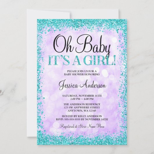 紫のティール（緑がかった色）フェイクグリッターライトガールベビーシャワー 招待状 (正面)