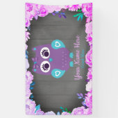 紫のティール（緑がかった色）フクロウの女の子バックドランドデザートテーブルサイン 横断幕 (縦)