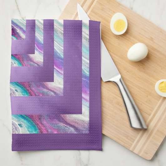 紫のティール(緑がかった色)ホワイトジオメトリック抽象芸術 キッチンタオル (四つ折り)