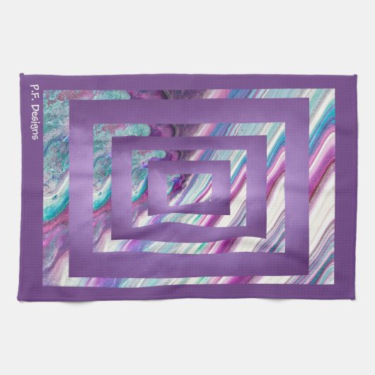 紫のティール(緑がかった色)ホワイトジオメトリック抽象芸術 キッチンタオル (横)