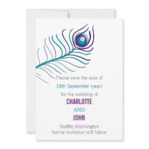 紫のティール（緑がかった色）青い孔雀の結婚式の日付を保存