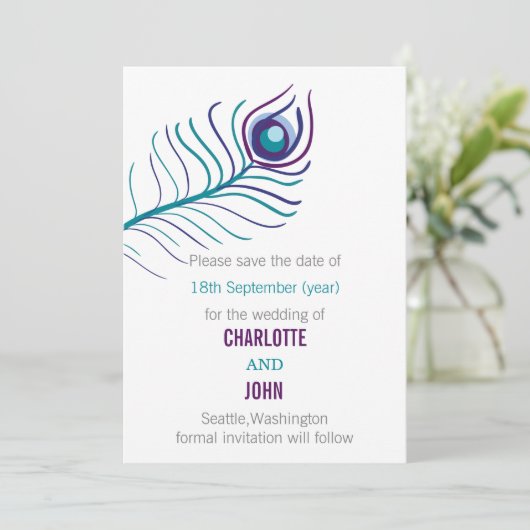 紫のティール(緑がかった色)青い孔雀の結婚式の日付を保存 セーブザデート (スタンド正面)