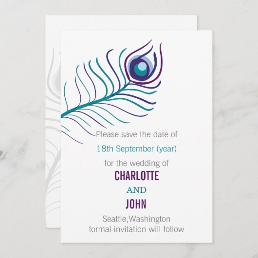 紫のティール(緑がかった色)青い孔雀の結婚式の日付を保存 セーブザデート (正面/裏面)