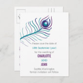 紫のティール(緑がかった色)青い孔雀の結婚式の日付を保存 案内ポストカード (正面/裏面)