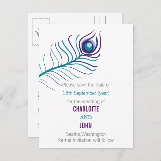 紫のティール(緑がかった色)青い孔雀の結婚式の日付を保存 案内ポストカード (正面/裏面)