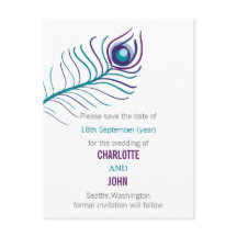 紫のティール（緑がかった色）青い孔雀の結婚式の日付を保存