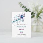 紫のティール(緑がかった色)青い孔雀の結婚式の日付を保存 案内ポストカード (スタンド正面)