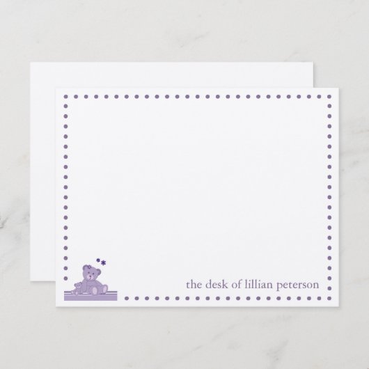 紫のテディベアパーソナライズされたノートカード ノートカード (正面/裏面)