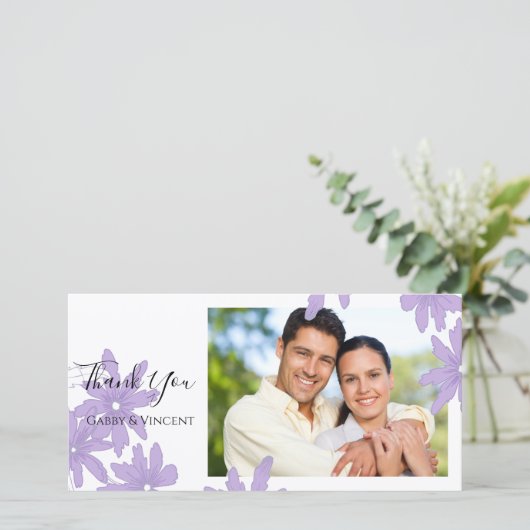 紫のデイジーが白に感謝のフォトカード サンキューカード (スタンド正面)