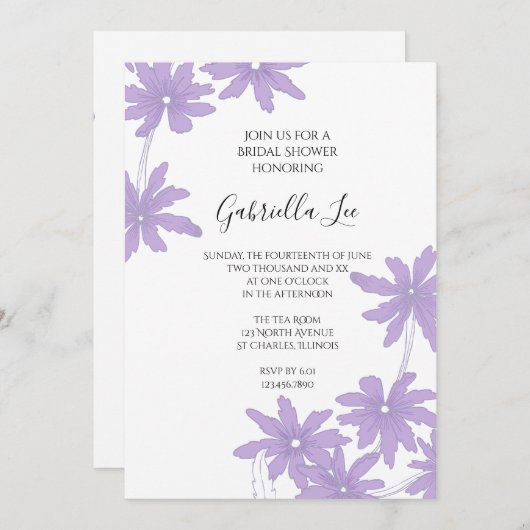 紫のデイジーの花オンホワイトブライダルシャワー 招待状 (正面/裏面)