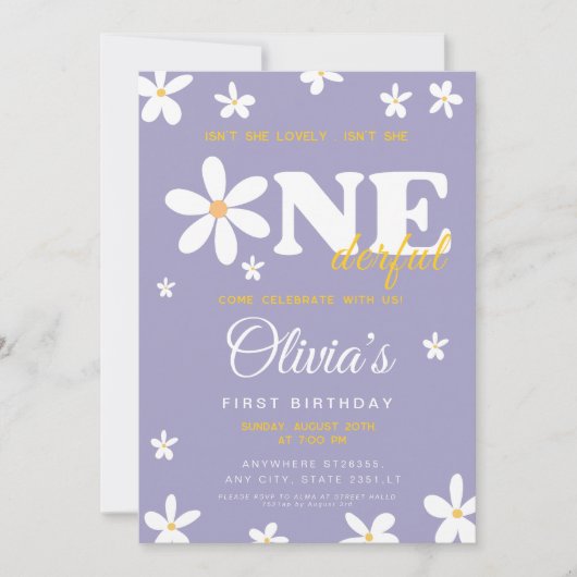 紫のデイジーは彼女はonederful 1歳の誕生日ではない 招待状 (正面)