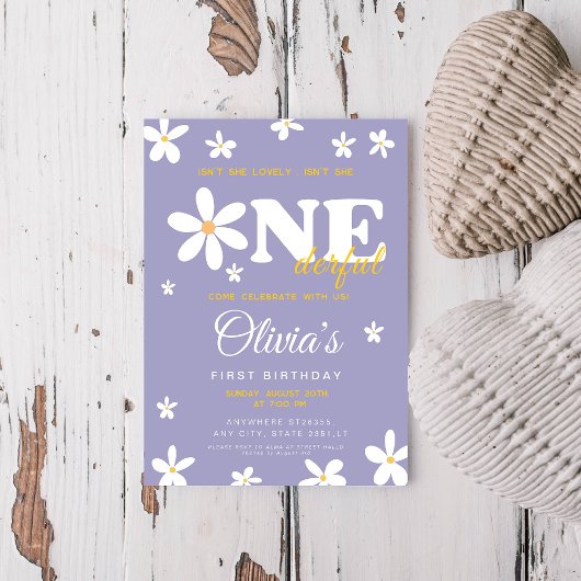 紫のデイジーは彼女はonederful 1歳の誕生日ではない 招待状