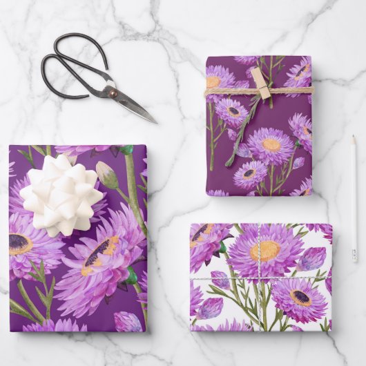 紫のデイジーフローラ開花 ラッピングペーパーシート (正面)