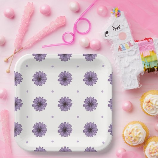 紫のデイジー花水玉模様おもしろい植物紙 ペーパープレート (パーティー)