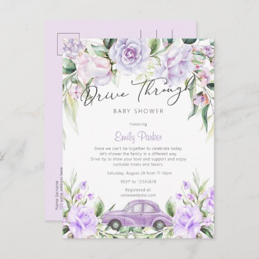 紫のドライブと水彩のフローラベビーシャワー インビテーションポストカード (正面/裏面)