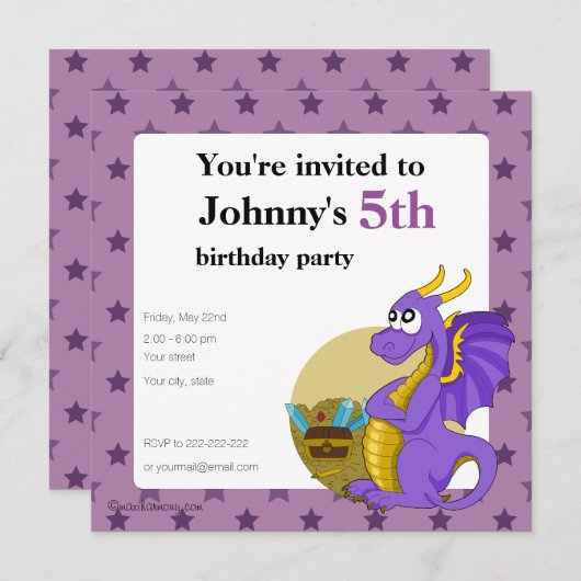 紫のドラゴンの漫画の誕生日プリント招待状 招待状 (正面/裏面)