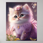 紫のドレスを着たかわいい子猫の花柄アート保育園 ポスター (正面)