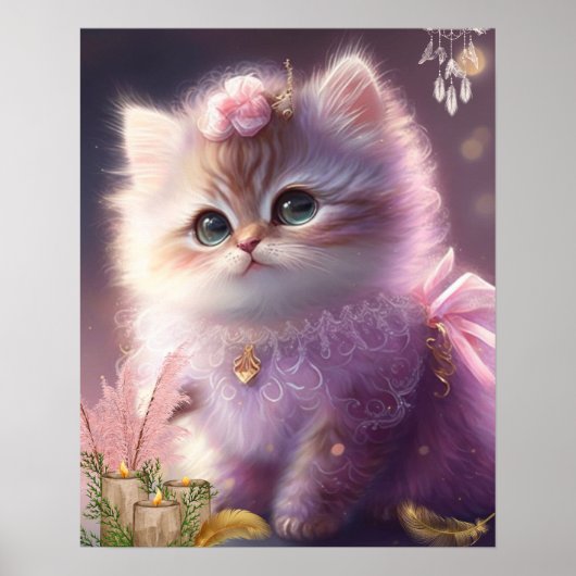 紫のドレスを着たかわいい子猫の花柄アート保育園 ポスター (正面)