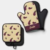 紫のナスの黄色 鍋つかみ&鍋敷きセット (正面/裏面)