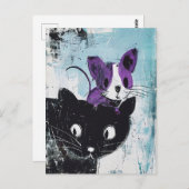 紫のネズミを頭に乗せた黒猫 ポストカード (正面/裏面)