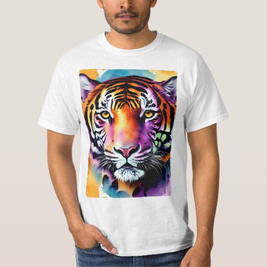 紫のハイライトが入った巨大なトラの顔 Tシャツ (正面)