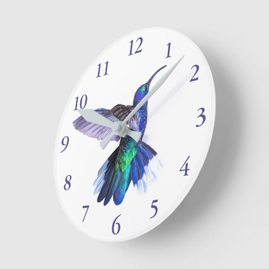 紫のハチドリが美しいポーズをとる ラウンド壁時計 (傾斜)